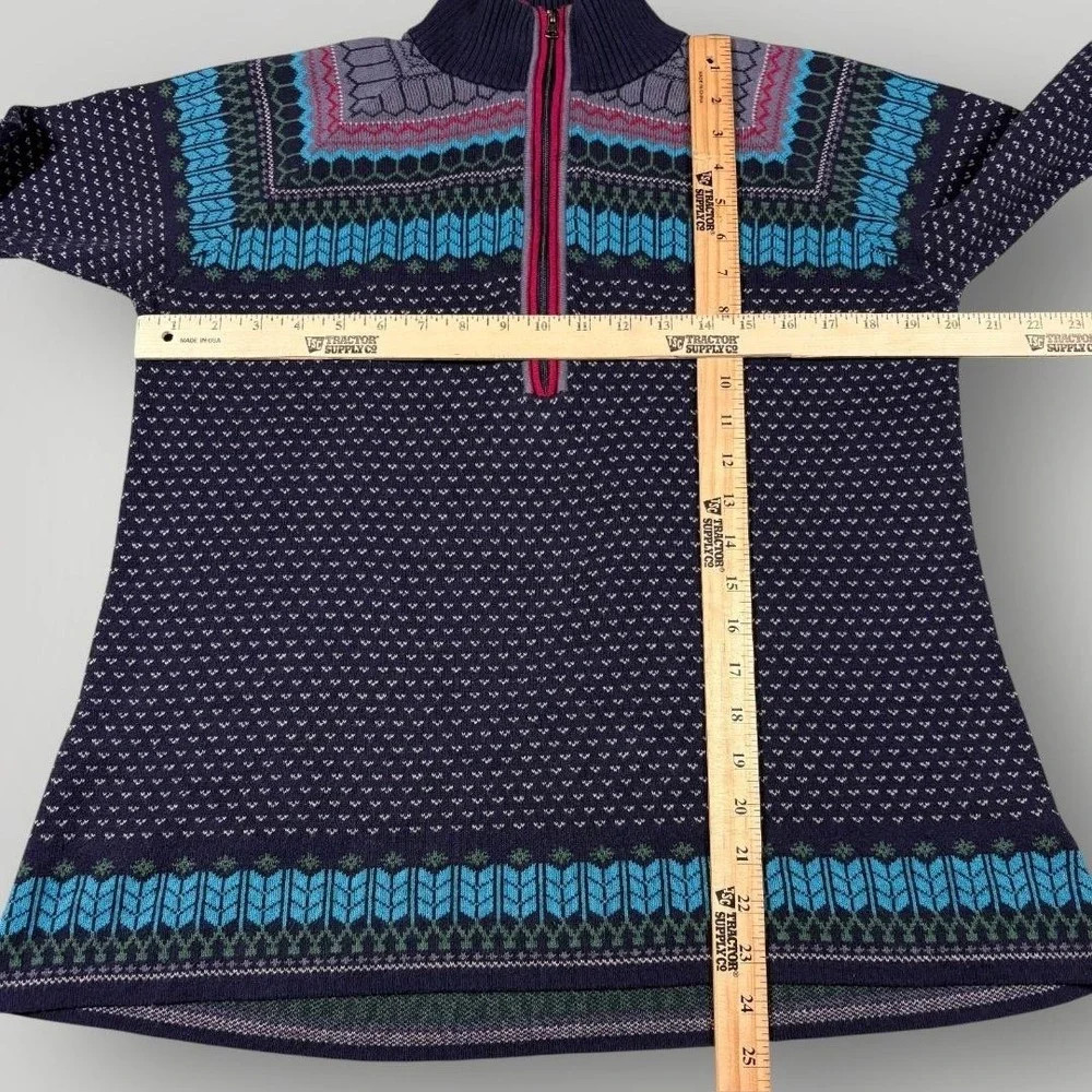 Eddie Bauer Sweater Tunic Womens Large Blue‎ Fair Isle 1/4 Zip Mock Neck Knit